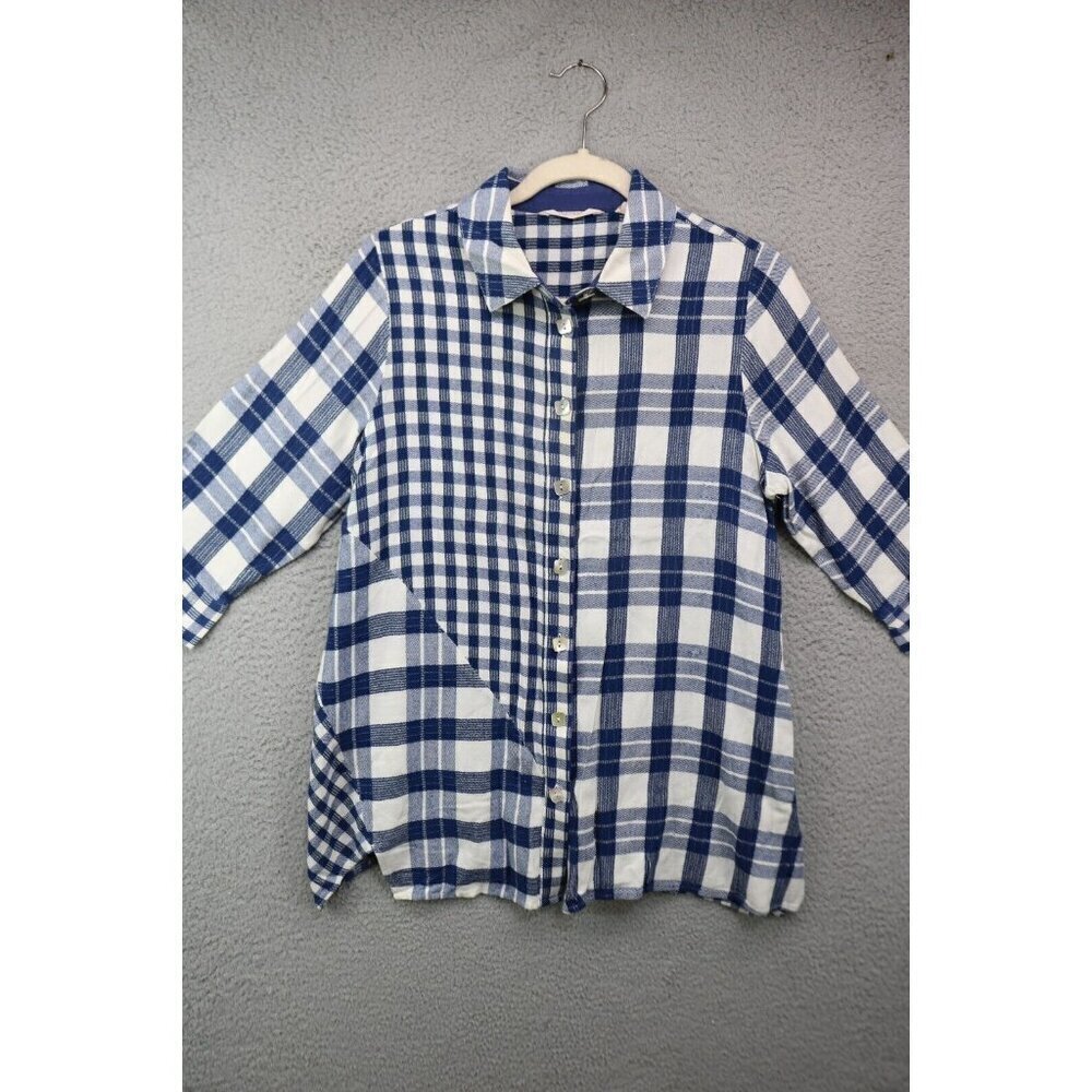 Soft Surroundings Blue White Plaid Button-Up Top-Medium/Petite